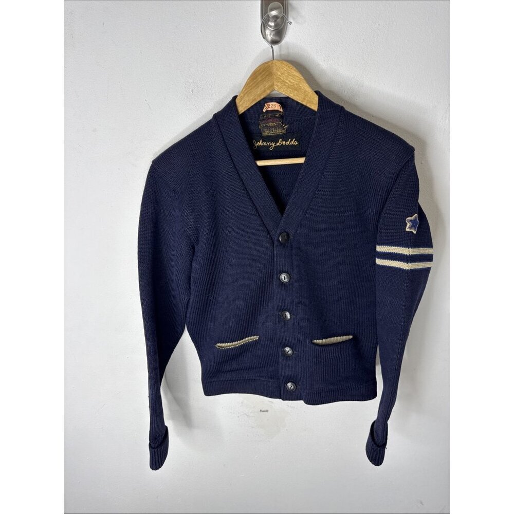 Vintage‎ Dehen Varsity Cardigan Sweater Wool Navy Blue Striped Sleeve Star Men S